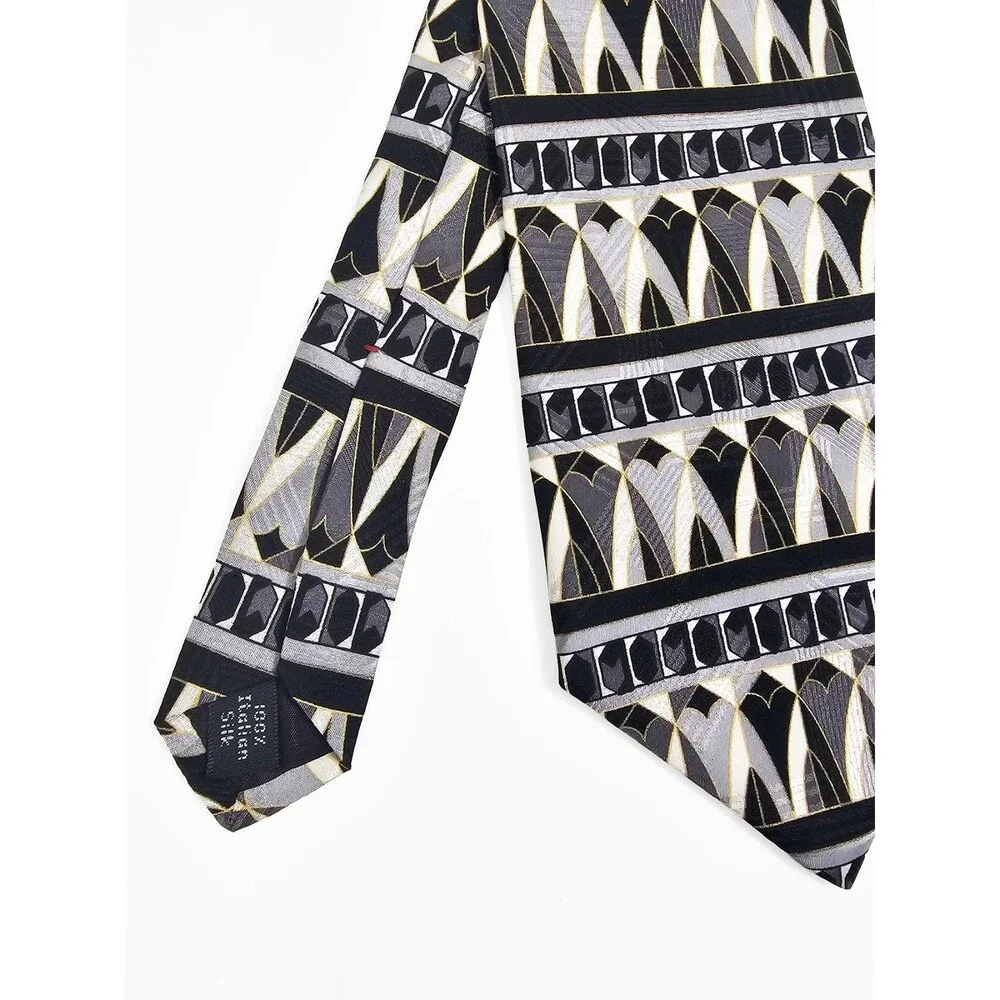 Henry Grethel Black Gray Gold Art Decos Style 80s 90s Vintage Short Silk Tie